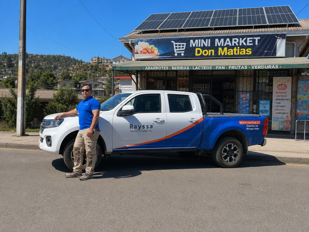 Camioneta RAYSSA frente a un minimarket con paneles solares instalados en el techo