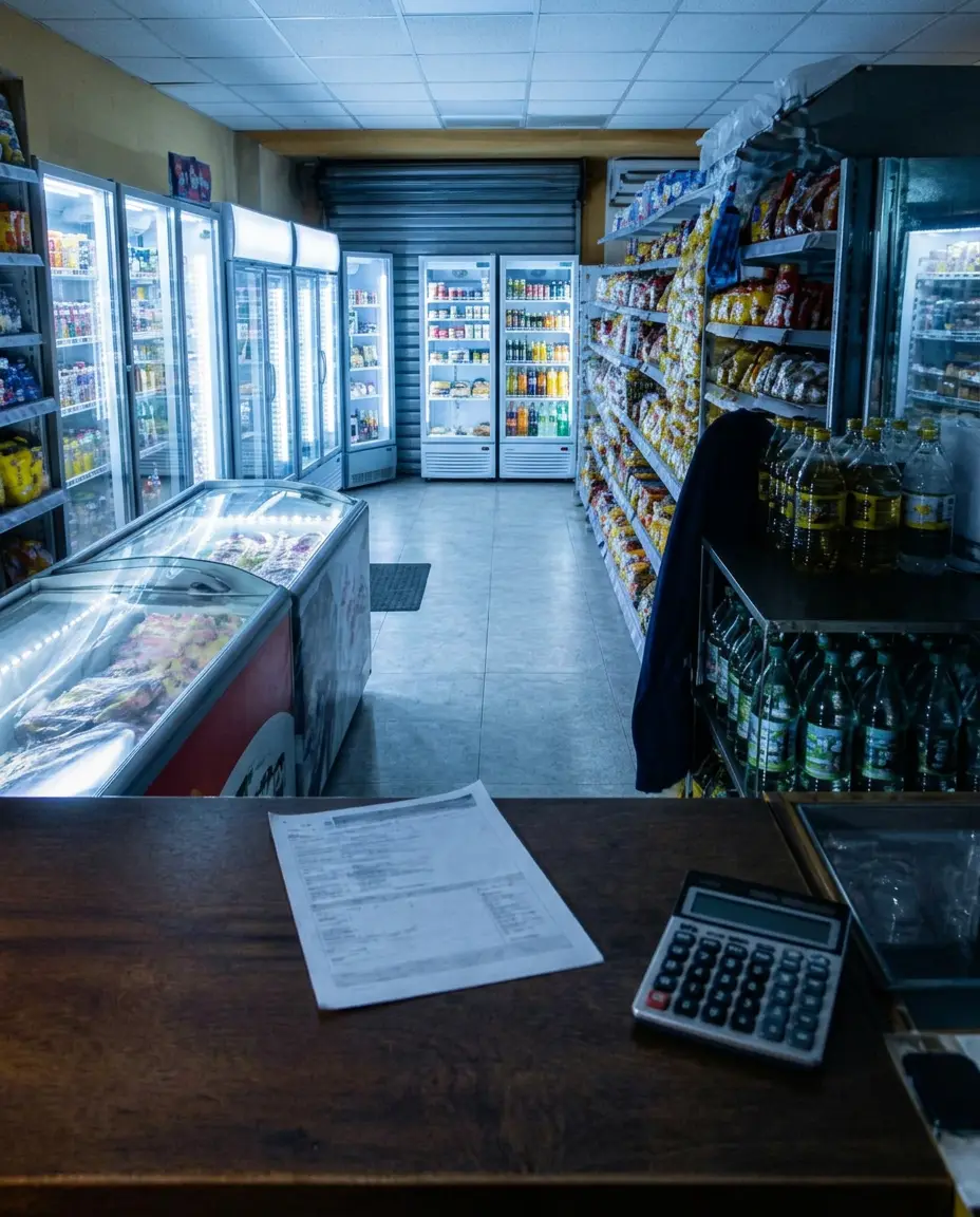 El mismo minimarket cerrado, con refrigeradores y congeladores encendidos y una cuenta eléctrica sobre el mesón