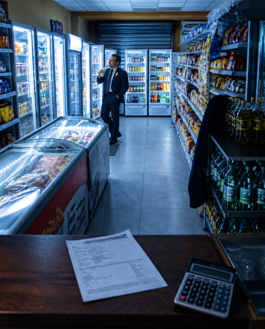 El mismo minimarket cerrado, con refrigeradores y congeladores encendidos y una cuenta eléctrica sobre el mesón