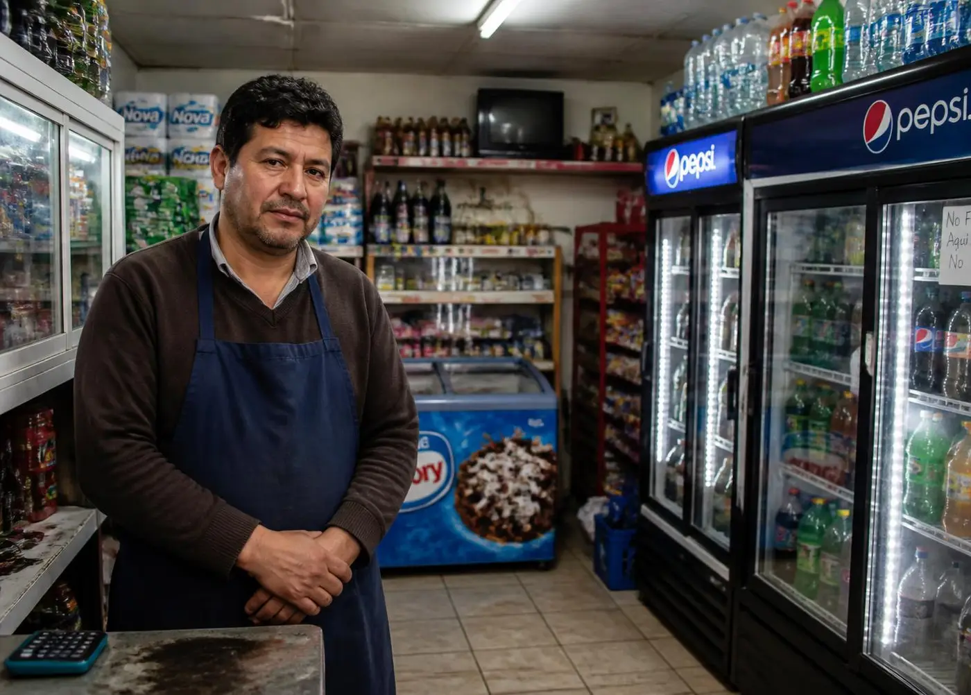 Dueño de minimarket chileno atendiendo entre refrigeradores y vitrinas