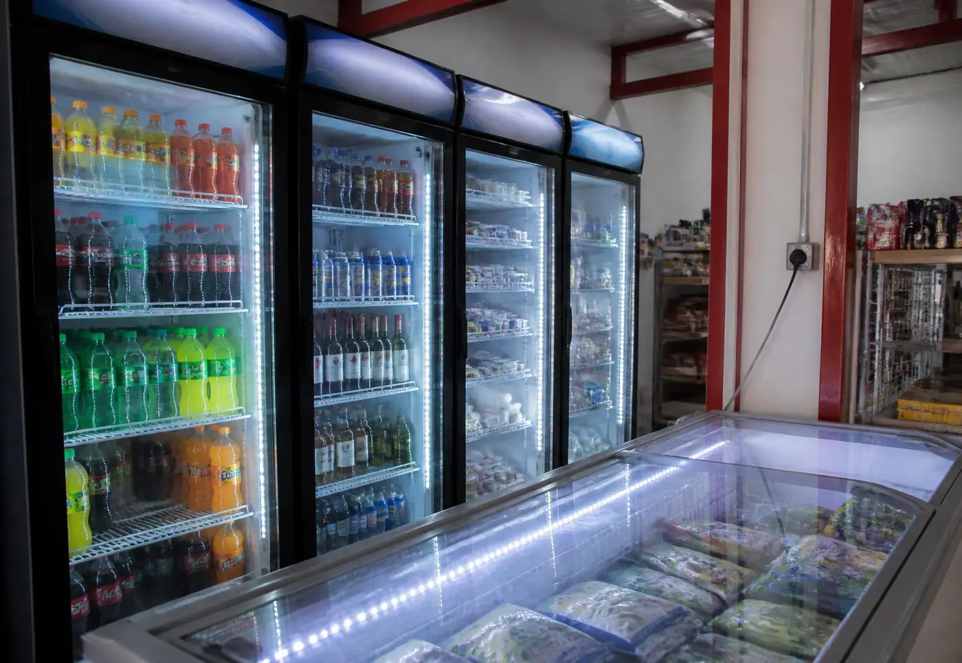 Fila de refrigeradores y congeladores encendidos en un comercio chileno